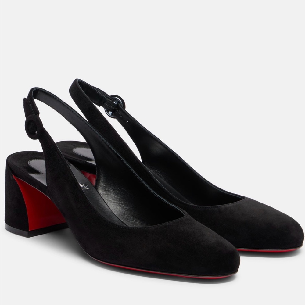Christian Louboutin Black Suede Slingback Block Heels with Signature Red Soles